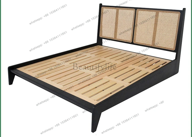 Modern minimalist classic black rattan ash wood frame 1.8m double bed 1.5m single