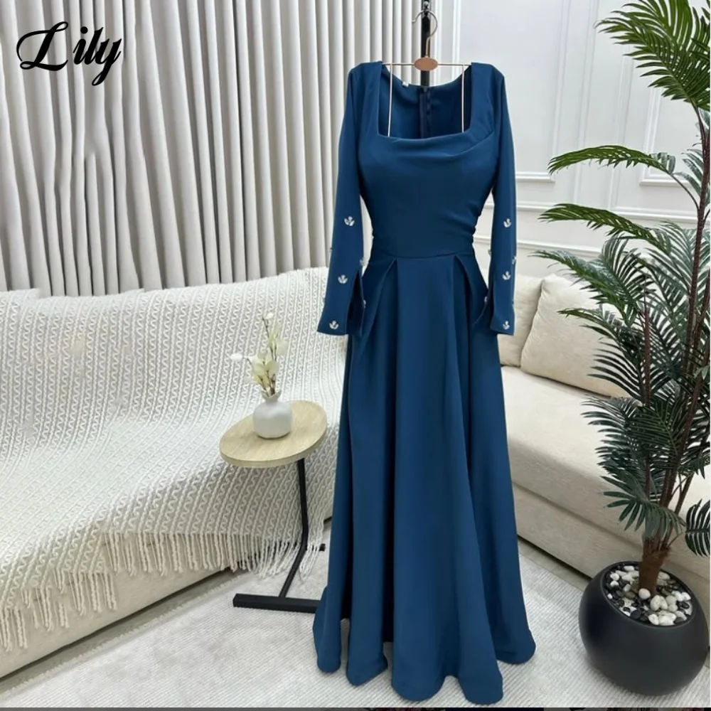 

Элегантное вечернее платье Lily Navy Blue, атласное квадратное платье для выпускного вечера, молния сзади, плиссированное вечернее платье со стразами, вечернее платье на заказ