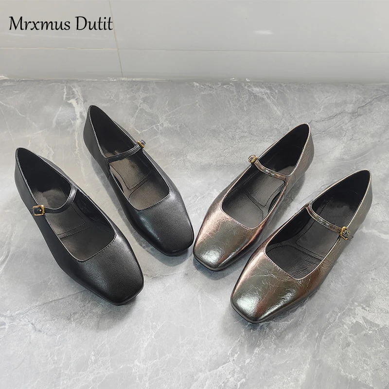 Mrxmus 2024 New Spring Summer Women Fashion Genuine Leather Square Head Shallow Flat Shoes Solid Simple Versatile Shoes Female