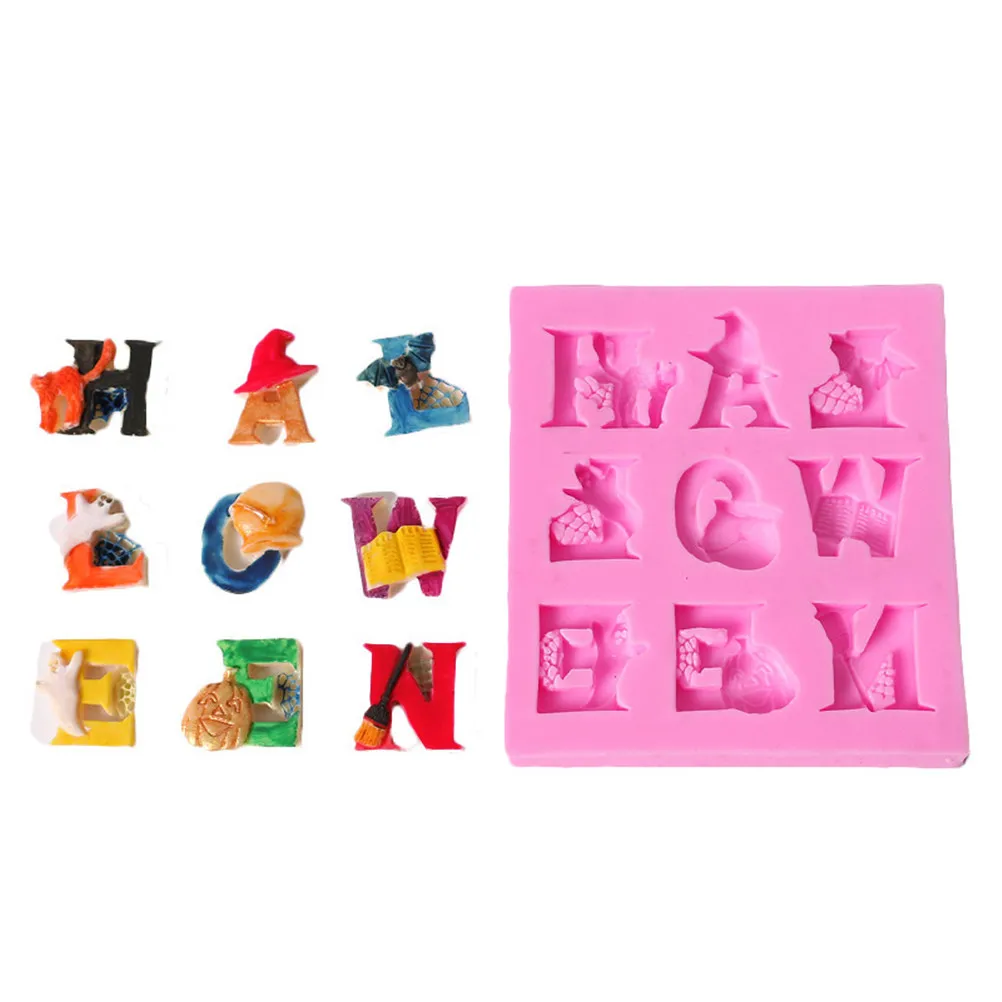 Flexible Non Stick Halloween Baking Mold Silicone Letters Pumpkin Ghost Witch for Cake Fondant Chocolate Ice Cube Jelly Crafts