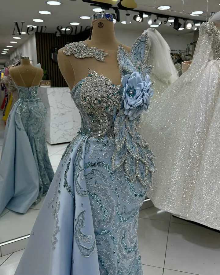 

Glitter Sky Blue Long Mermaid Evening Dresses with Crystals 3D Flowers Customized 2025 Women Formal Wedding Party Gowns Arabic