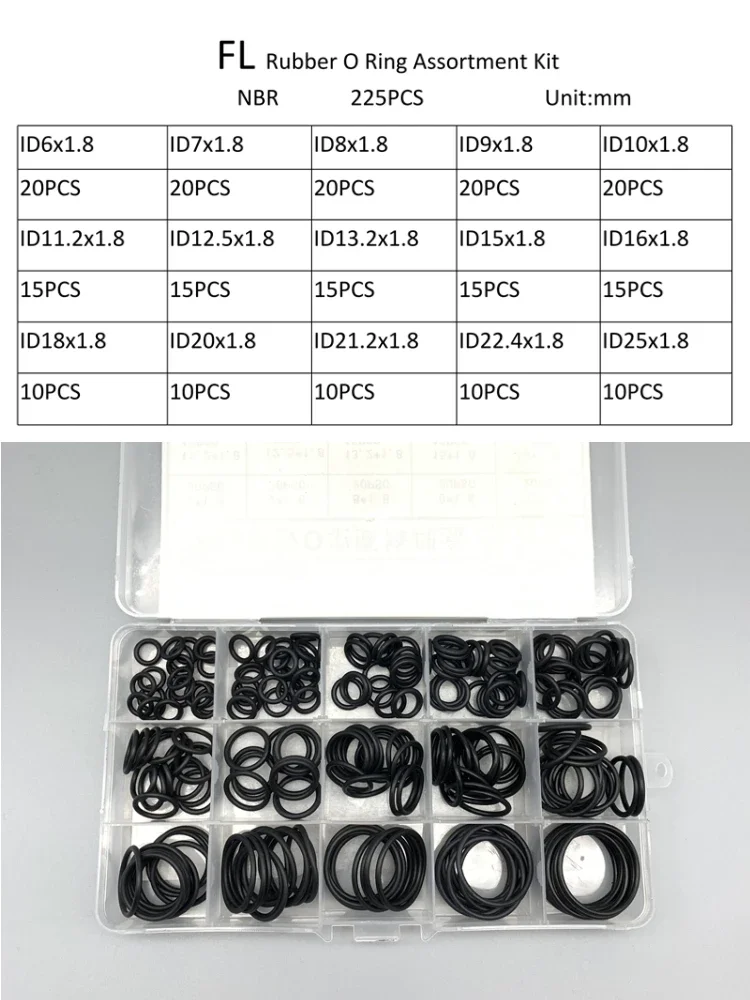 225 Pcs Black NBR O Ring Kit CS 1.8mm Oil Resistant Waterproof Rubber Seal Washer For Automobile Hydraulic Pipeline Gasket