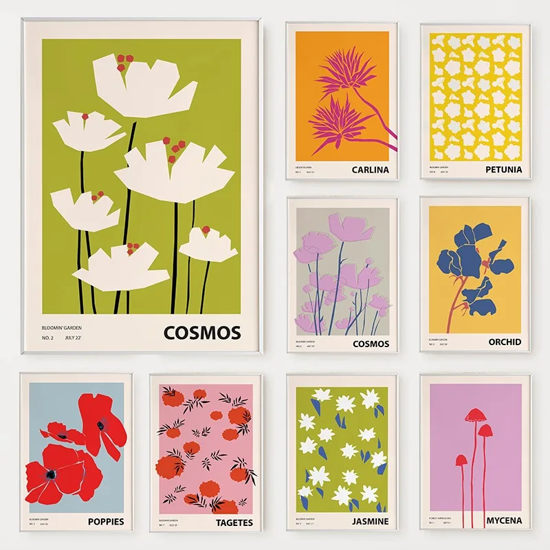 Bunte Blumenillustration, botanische Blumenvielfalt, minimalistischer Wandkunstdruck, Leinwandgemälde, Poster für moderne Heimdekoration