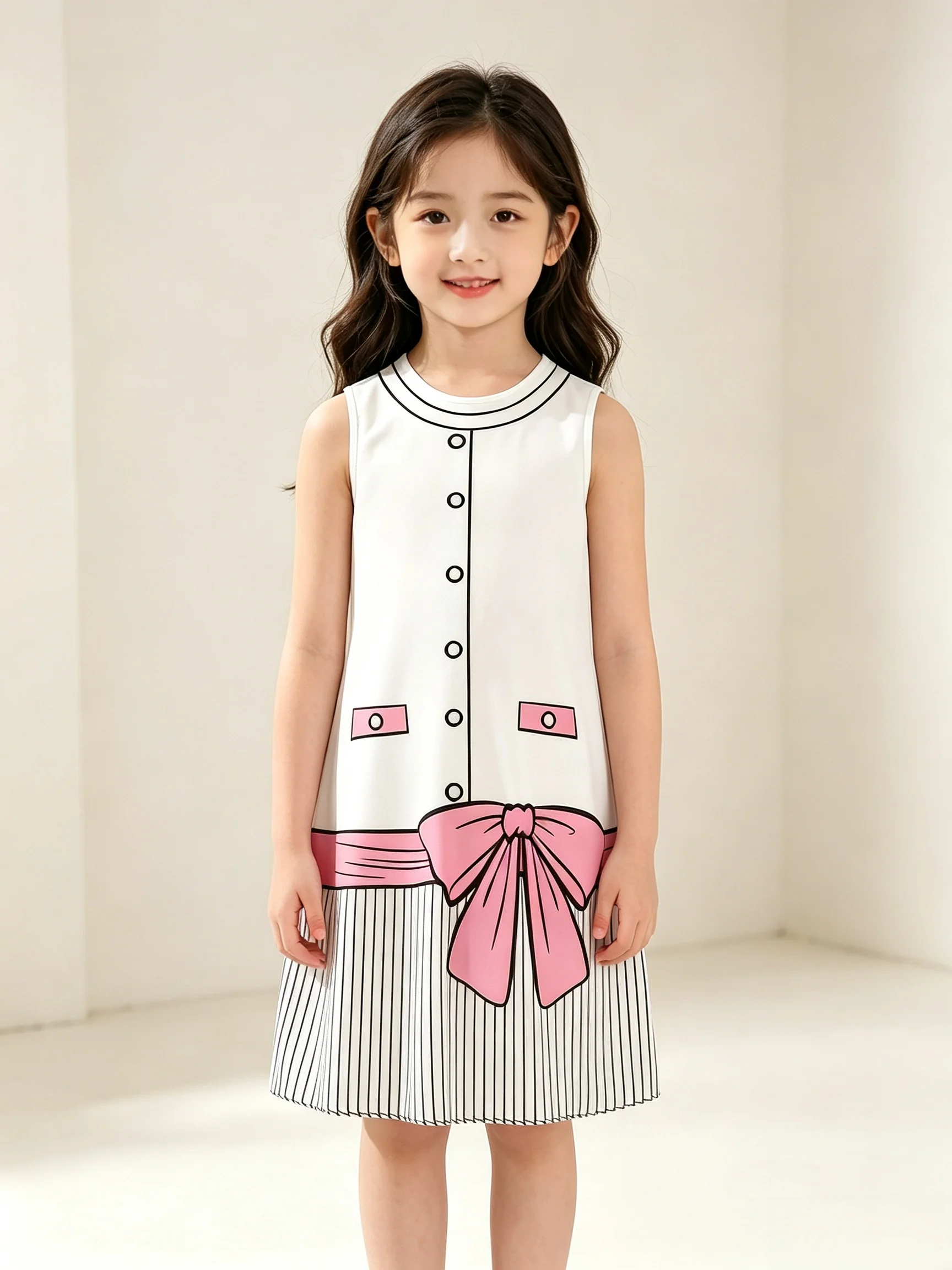 Girls Sleeveless A‑Line Dress 3D Printed Cartoon Bow Decor Kids Summer Casual Dress Little Girls Party Sundress