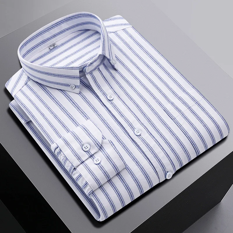 

In 2024, the new cotton Oxford long-sleeved shirt button collar casual men's plaid striped shirt， chemise homme de luxe