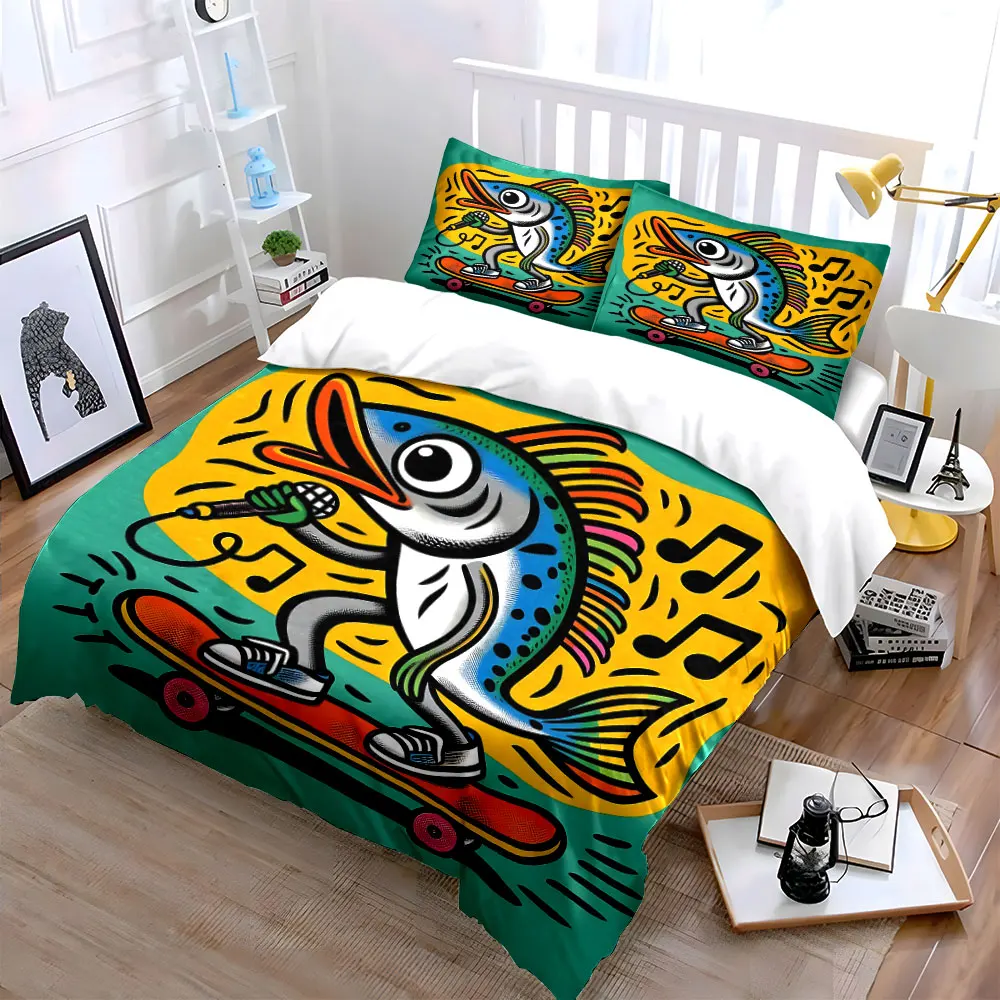 Colorful fish singing on skateboard Print Bedding Set 1 Duvet Cover 2 Pillowcases for Adult and Children Luxury Gift Full Size