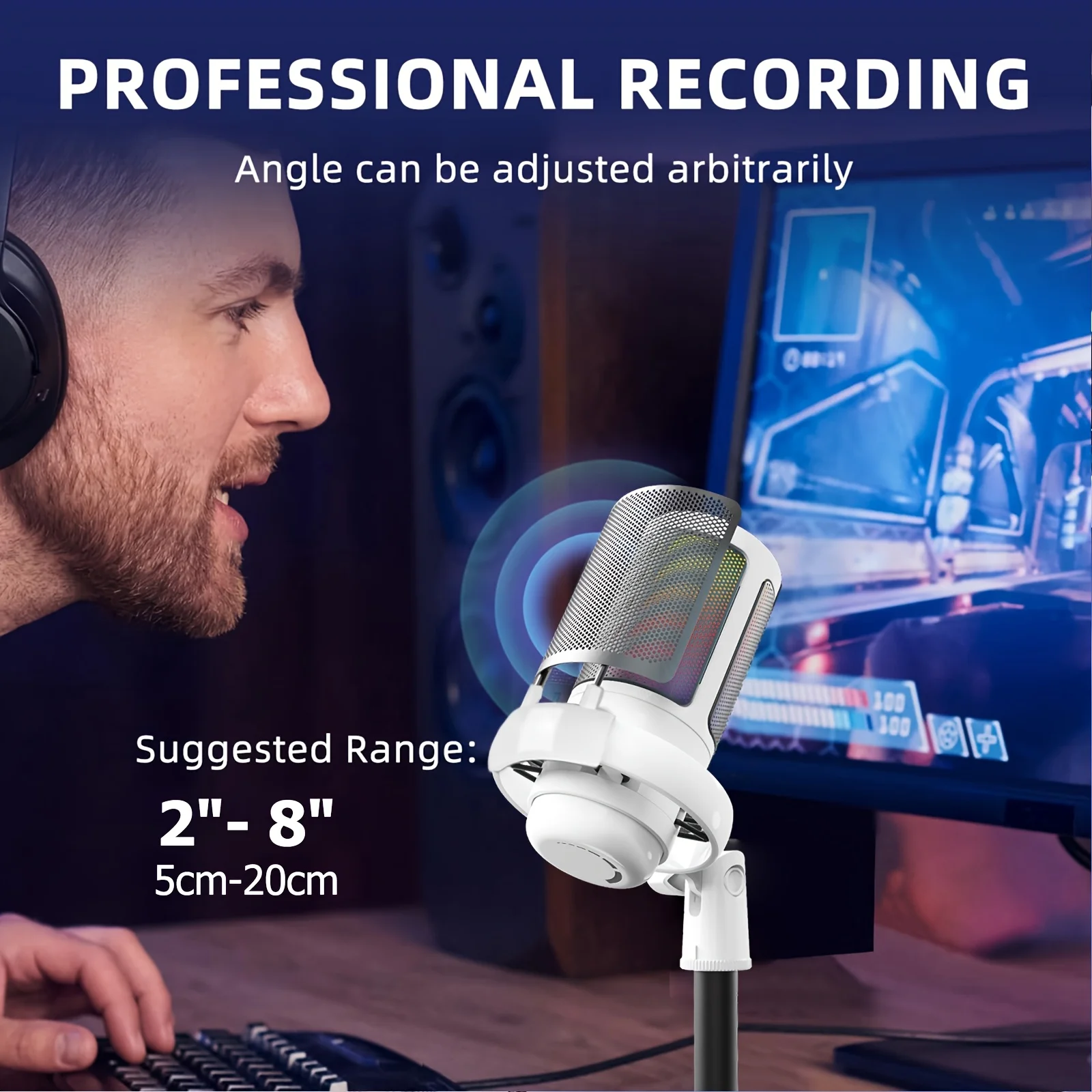 

USB-микрофон Aveek для ПК: компьютерный конденсаторный микрофон с игровым микрофоном, RGB-подсветкой, ручкой усиления и разъемом для мониторинга, для потоковой передачи и