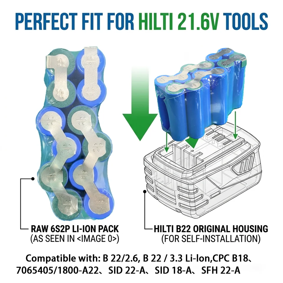 For Hilti 21.6V 18650 6S2P True 4000mAh DIY Replacement Li-ion Tool Battery Core CPC B18 B22 1800-A22 SID 22-A SFH 22-A