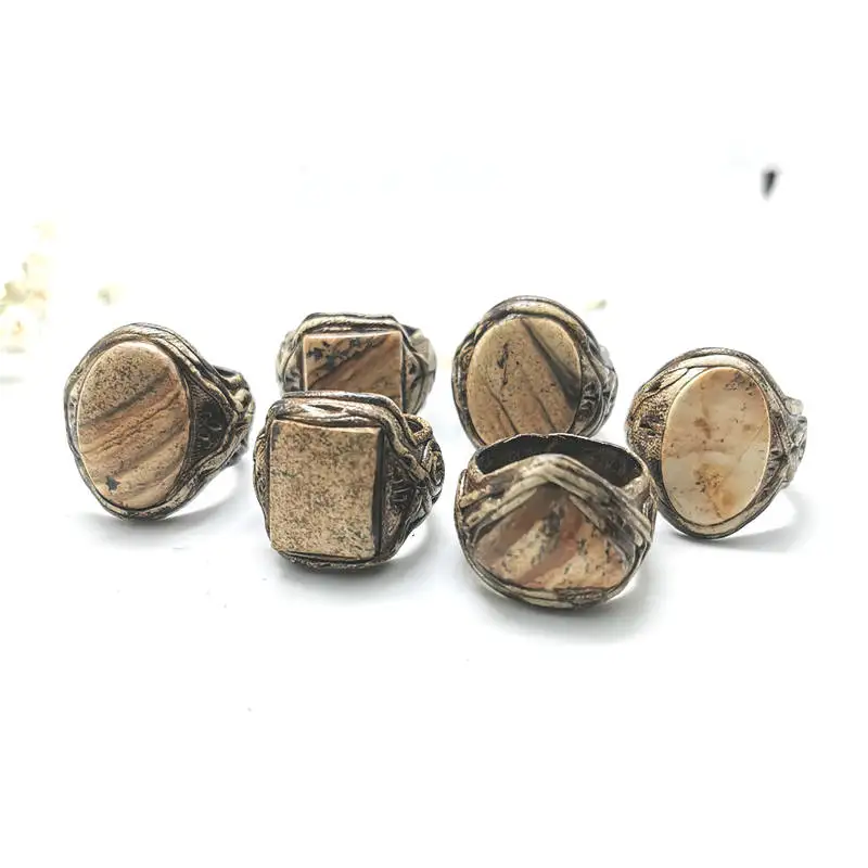 Vintage Ethnic Handmade Clay Rings Inlaid Natural Stone Lovely Rings Crystal Agates Labradorite R037