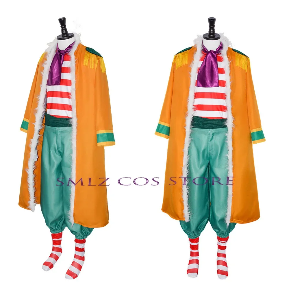 Anime Clown Buggy Cosplay Yellow Cloak T-shirt Green Pants Suit Buggy Uniform for Man Party Carnival Halloween Outfit