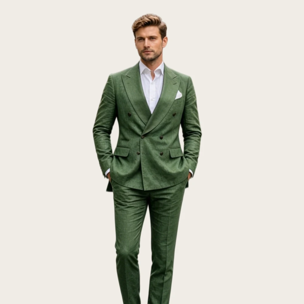 

Olive Green Men's Linen Suits Double Breasted Tuxedo Slim Fit Peake Lapel Blazer Pants 2 Pcs Set for Wedding Groom Formal Party