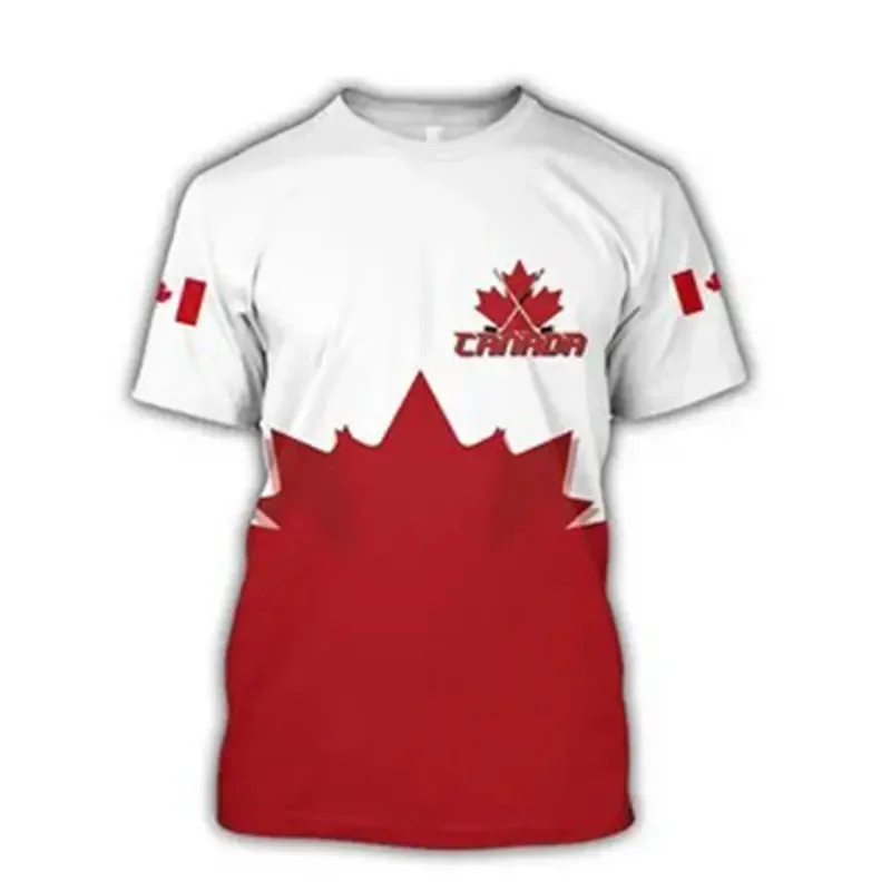 

Canadian Flag and National Emblem Printed Maple Le Pattern Harajuku Short-sleeved T-shirt with Round Neck, Fashionable for Men