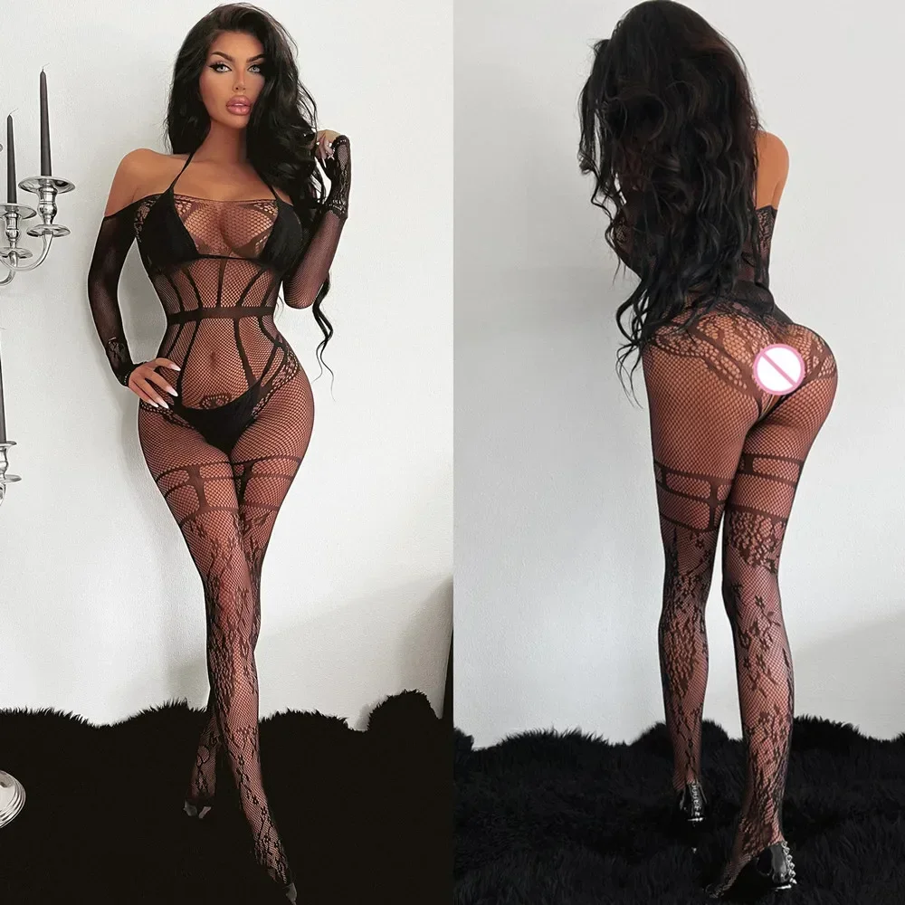 Body erótico exótico para mujer, trajes de cuerpo de malla de alta elasticidad, medias ajustadas, disfraces Porno, lencería de rejilla transparente