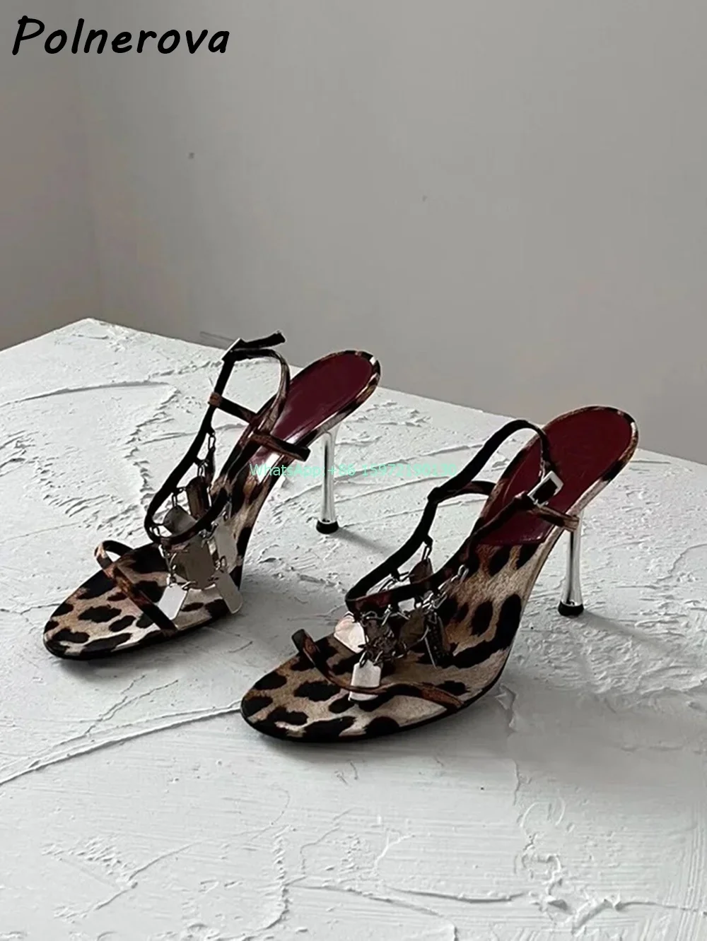 Leopard Metal Fringe Sandals Round Toe Thin Heels Straight Strap Shoes Ladies Fashion Sexy Runway Street Shoot Stiletto Shoes