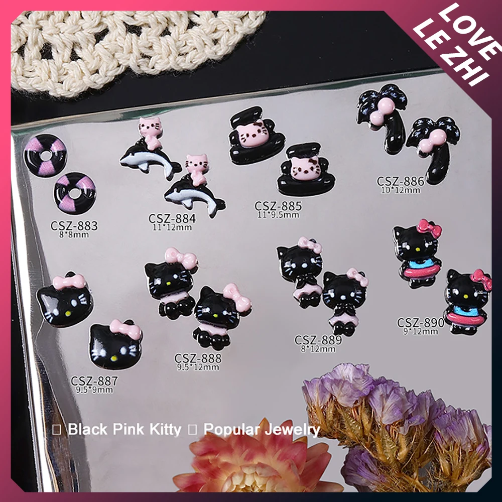 20Pcs Hot Sale 3D Cartoon Black Pink Sanrio Hello Kitty Nail Accessories Charms Diy Swimming Ring Bow Wear Nail Art Accessories