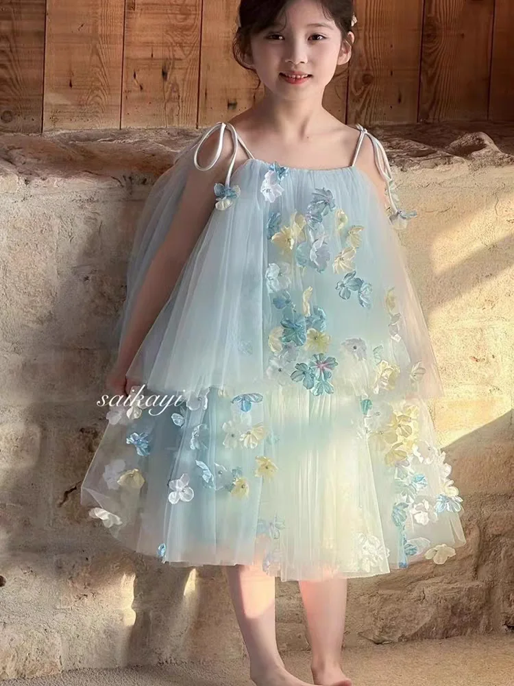 Korean Girls' Dress 2026 Summer Flower Children's Dress Suspender Mesh Princess Beautiful Cute Skirt
