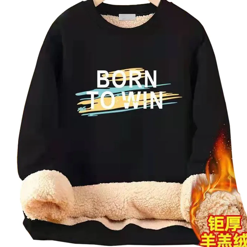 

Casual Printing Letters Born To Win Pullover Women's Winter Classics Black Grey Loose Oversized Lamb Fleece Sweatshirt Female