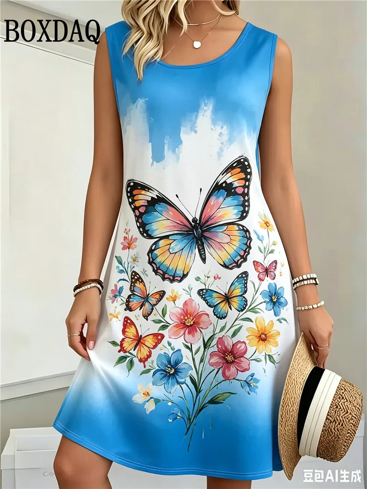 

Women's Sleeveless Butterfly Print Dresses Elegant Fashion Plus Size Summer Tank Y2k Clothes Sundress Casual Tie Dye Loose Dress