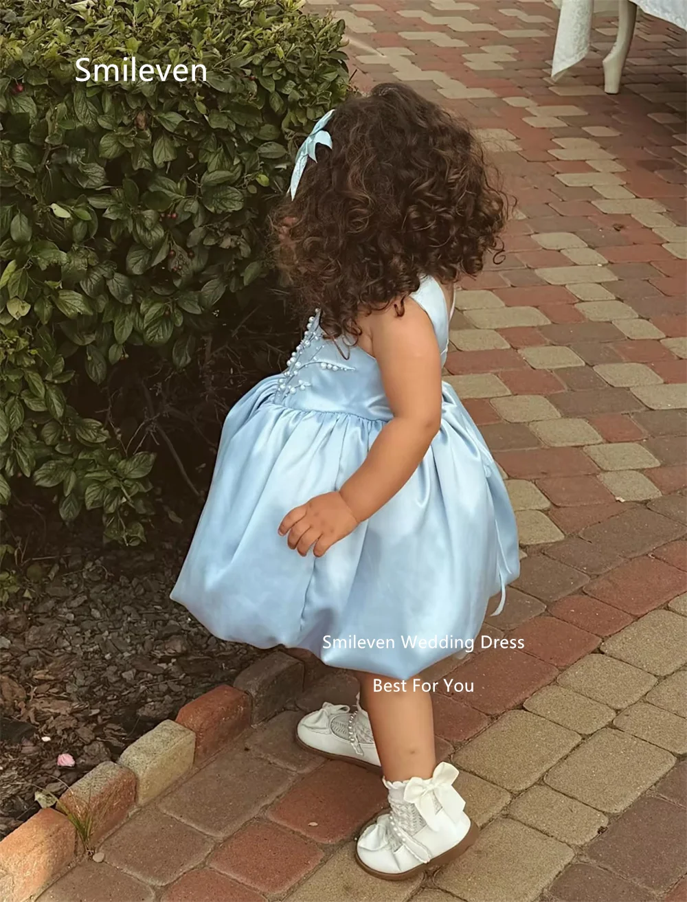Smileven Blue Bubble Ballgown Girl Flower Dresses Square Neck Sleeveless Communion Party Dress Beading Lace‑up Gowns Customized