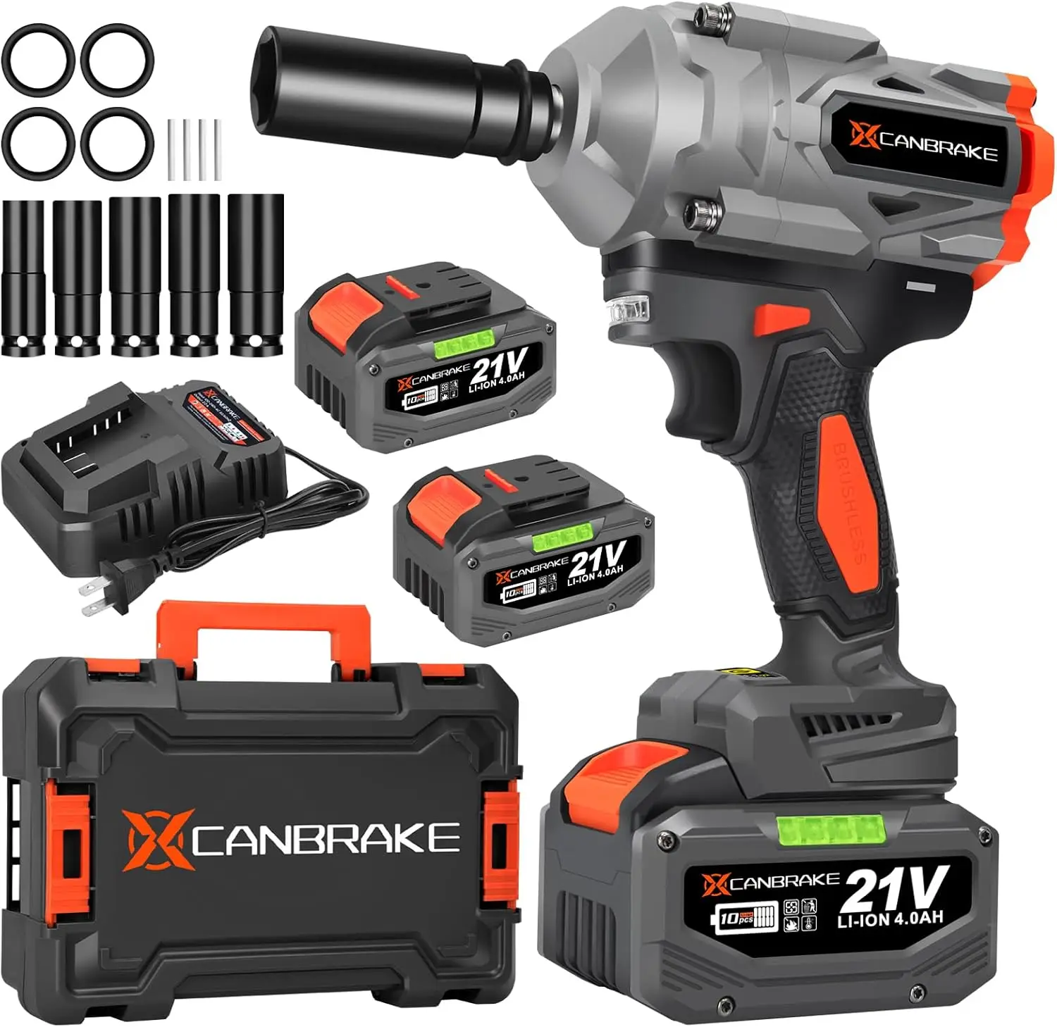

1400N.m 21V Cordless Impact Wrench, 1/2' Brushless, 2x4.0Ah Battery, 5 Sockets, 3-Speed, 1050ft-lbs for Car Truck Tires