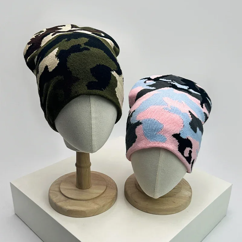 Autumn and Winter New European Style Camouflage Color Block Knitted Hats Warm Versatile Hip Hop Beanies Street Fashion Outdoor