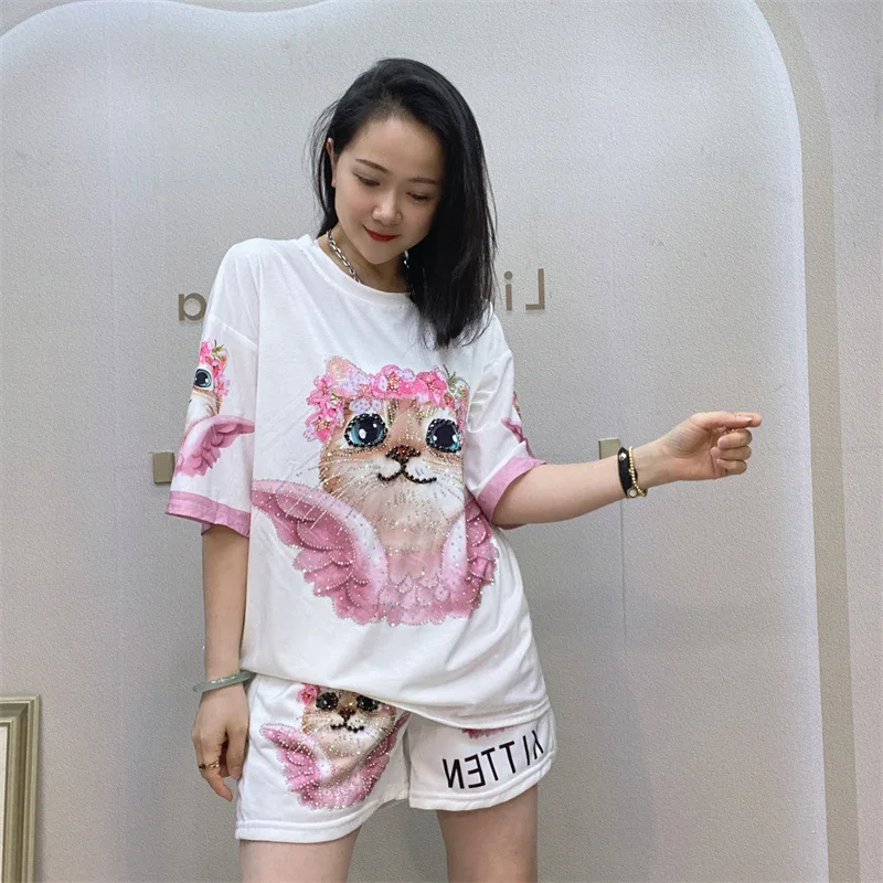 2024 Summer New Shorts Set Female Cat Print Cartoon Crew Neck Short Sleeve T-shirt and Shorts Two Pieces Sets Women Outifits