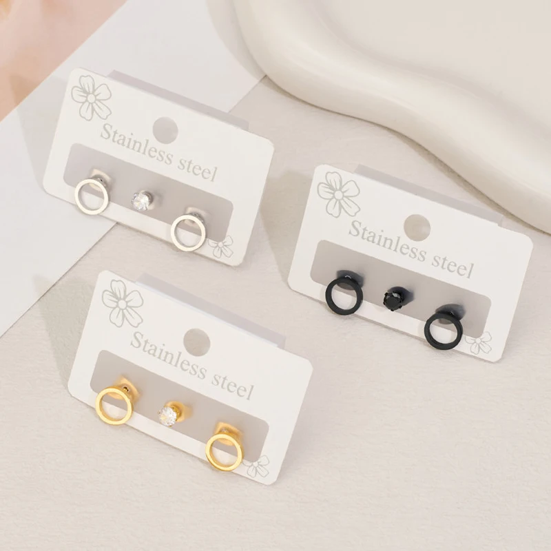 3Pcs/lot Multiple Mini Stainless Steel Earrings Women Geometric Heart Round Earings Triangle Ear Studs Punk Jewelry Wholesale