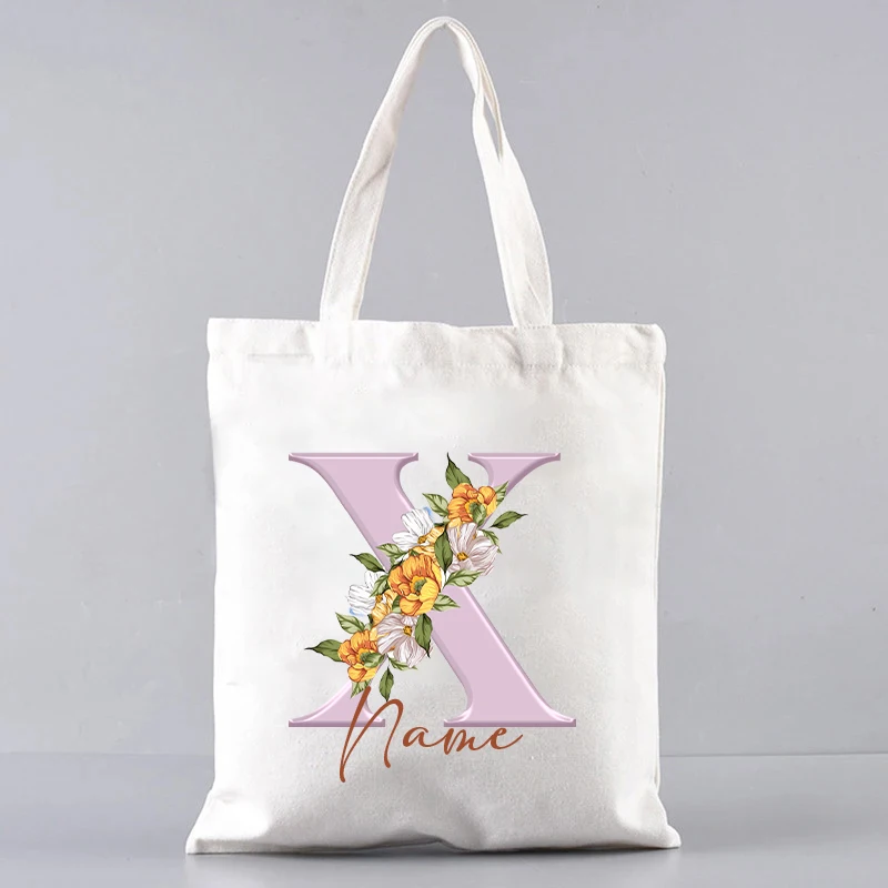 Peony Flower Letters Custom Name Shoulder Bag Canvas Storage Tote Bag Fashion Handbag Wedding Bride Bridesmaid Personalized Gift