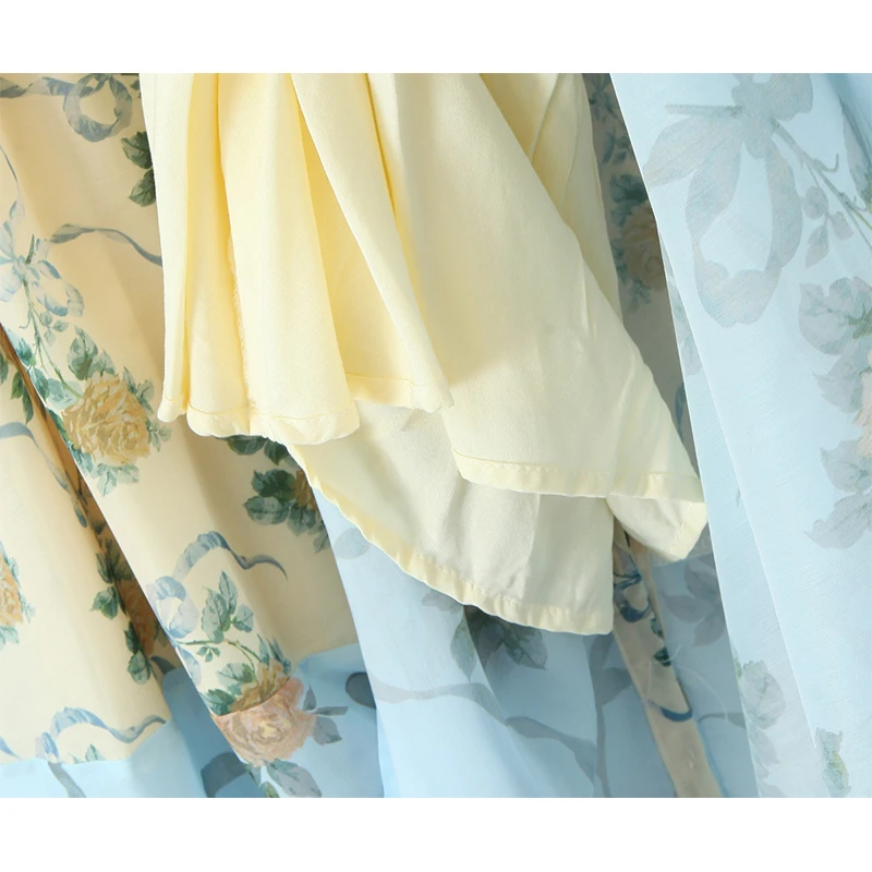 Sukienki letnie damskie w stylu boho z kwiatowym nadrukiem, patchworkowe, szyfonowe, vintage, z bufiastymi rękawami i cienkim paskiem, sukienka midi w kształcie litery A, sukienka wakacyjna dla kobiet.