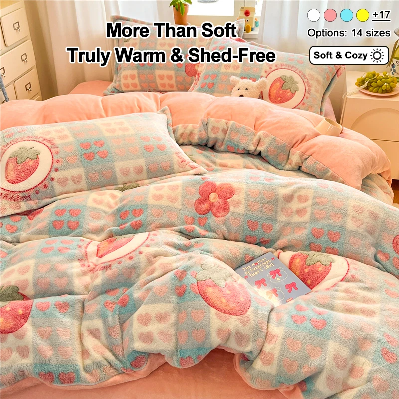 Strawberry Heart Plaid Flannel Duvet Cover,Soft Warm Thick Plush Shed-Free Comforter Cover,Cute Sweet Quilt Cover Winter Bedroom