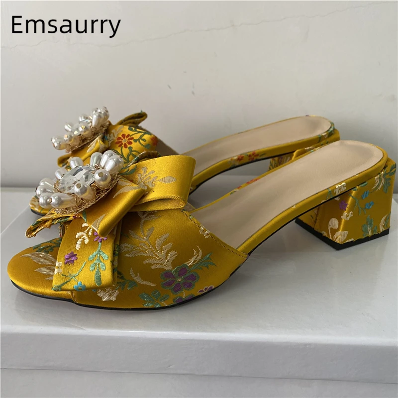 Crystal Diamond Buckle Bowknot Sandals Women Luxury Embroidery Satin Square Heel Slingbacks Summer Mules