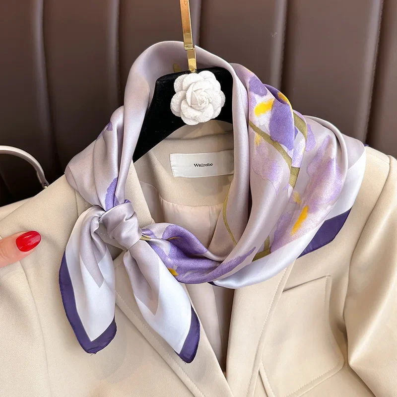 New Luxury Purple Floral Print Silk Square Scarf Women Soft Headband Hairband Hands Bag Ribbons Foulard Neckerchief Hijab Satin