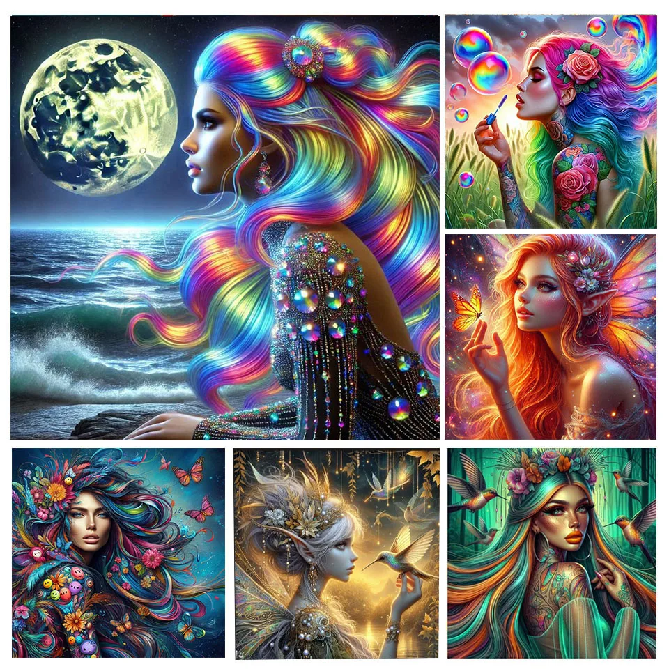 5d Diy Diamond Paintings Colour Hair Woman Picture Full Diamond Mosaic Elf Girl Handmade Rhinestone Home Decoration Holiday Gift