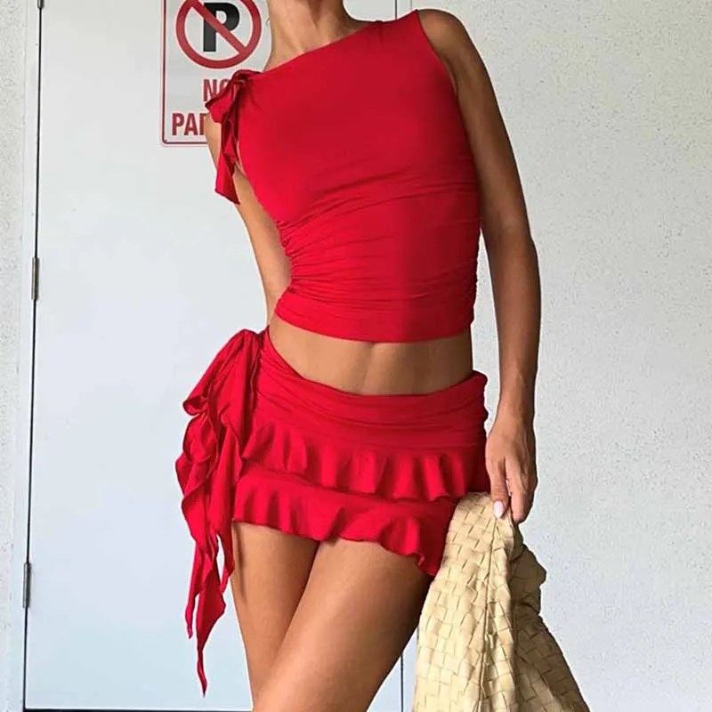 Vintage Lettuce Edge Tie Up Crop Top + Ruched Tiered Ruffles Mini Skirt Coquette 2 Piece Set Women Club Party Streetwear Outfits