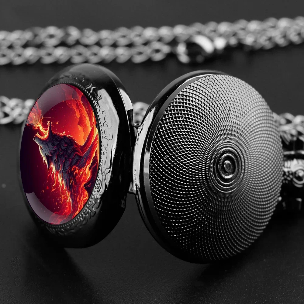 Fireburst Wolf Design นาฬิกาพ็อกเก็ตควอตซ์ Vintage Chain ตัวเลขภาษาอาหรับสําหรับผู้ชายและผู้หญิงของขวัญสร้างสรรค์