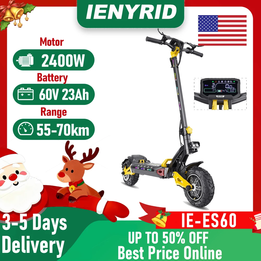 

IENYRID ES60 Electric Scooter 2*1200W Dual Motor 60V 23Ah Battery 11-inch Tire 60km/h Max Speed 70km Range Hydraulic Brake