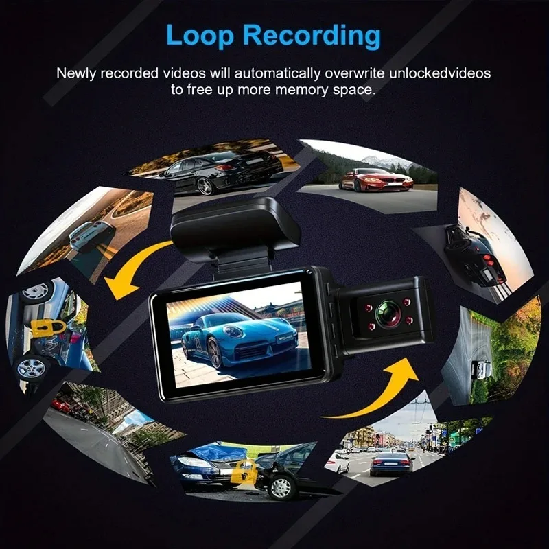 G-Sensor Traço Cam Câmera Do Carro, 3 Canais Caixa Preta, Visão Noturna Infravermelha, DVR Dashcam De Gravação De Áudio, Polegadas, Motion Detections Loop