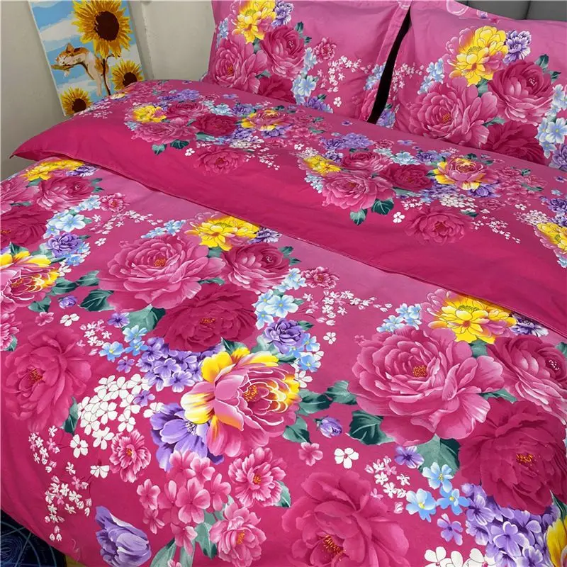 Pure cotton four-piece set, pure cotton bed sheets, rose red peony quilt cover, three-piece set, large rose flower bedding set