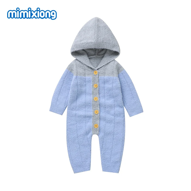 Baby Boys Winter Rompers Knitted Blue Hooded Long Sleeves Newborn Spring Autumn Jumpsuits Playsuits 0-18m Infant Outfits Clothes