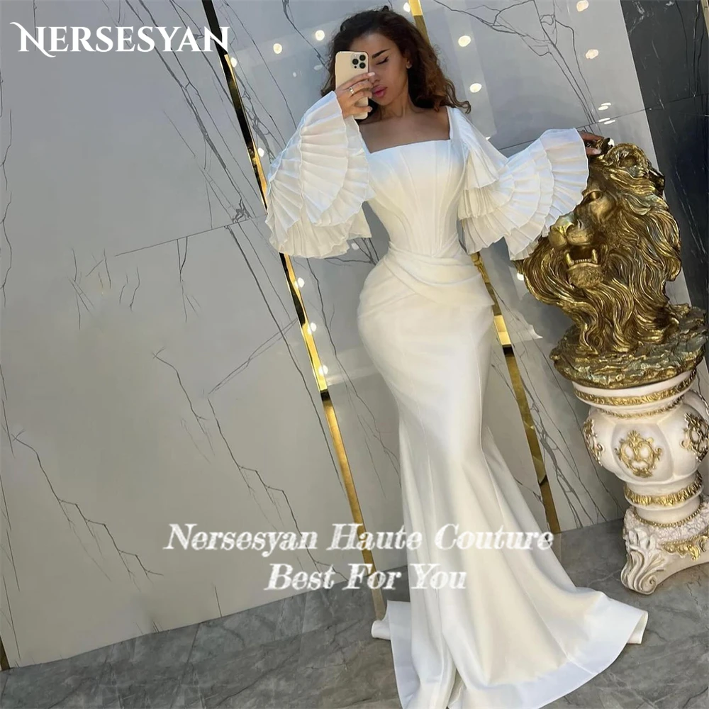 Nersesyan Luxury Mermaid Evening Dresses Bones Square Collar Bodycon Prom Dress Plated Tiered Flare Sleeves Wedding Party Gowns