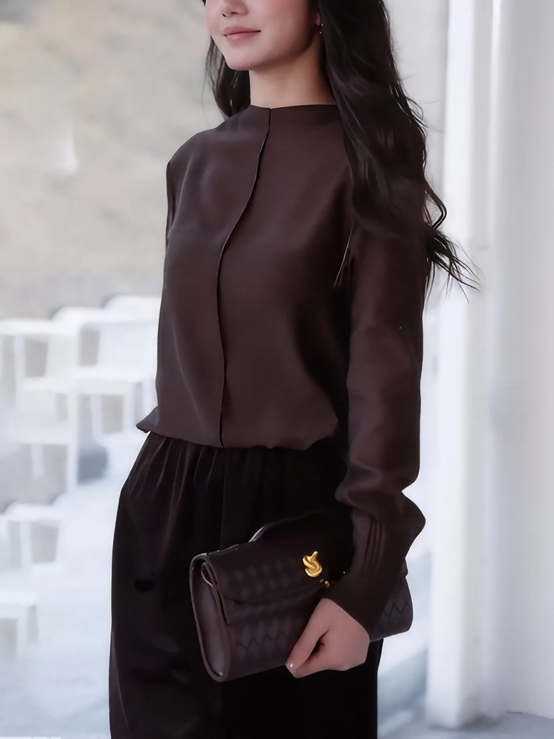 

Retro Faion High-End round Ne Long Sve Women's Top Loose Feel Sli Autumn Lazy Sle Casual Loose Fit irt