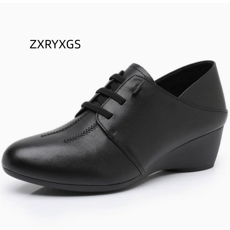 

ZXRYXGS Premium Cowhide Real Leather Shoes Wedges Mid Heels Elegant Comfortable Shoes 2026 Spring Large Size Women Stylish Shoes