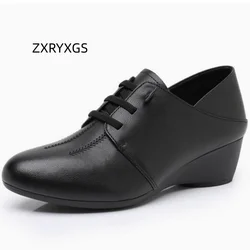 ZXRYXGS Premium Cowhide Real Leather Shoes Wedges Mid Heels Elegant Comfortable Shoes 2026 Spring Large Size Women Stylish Shoes