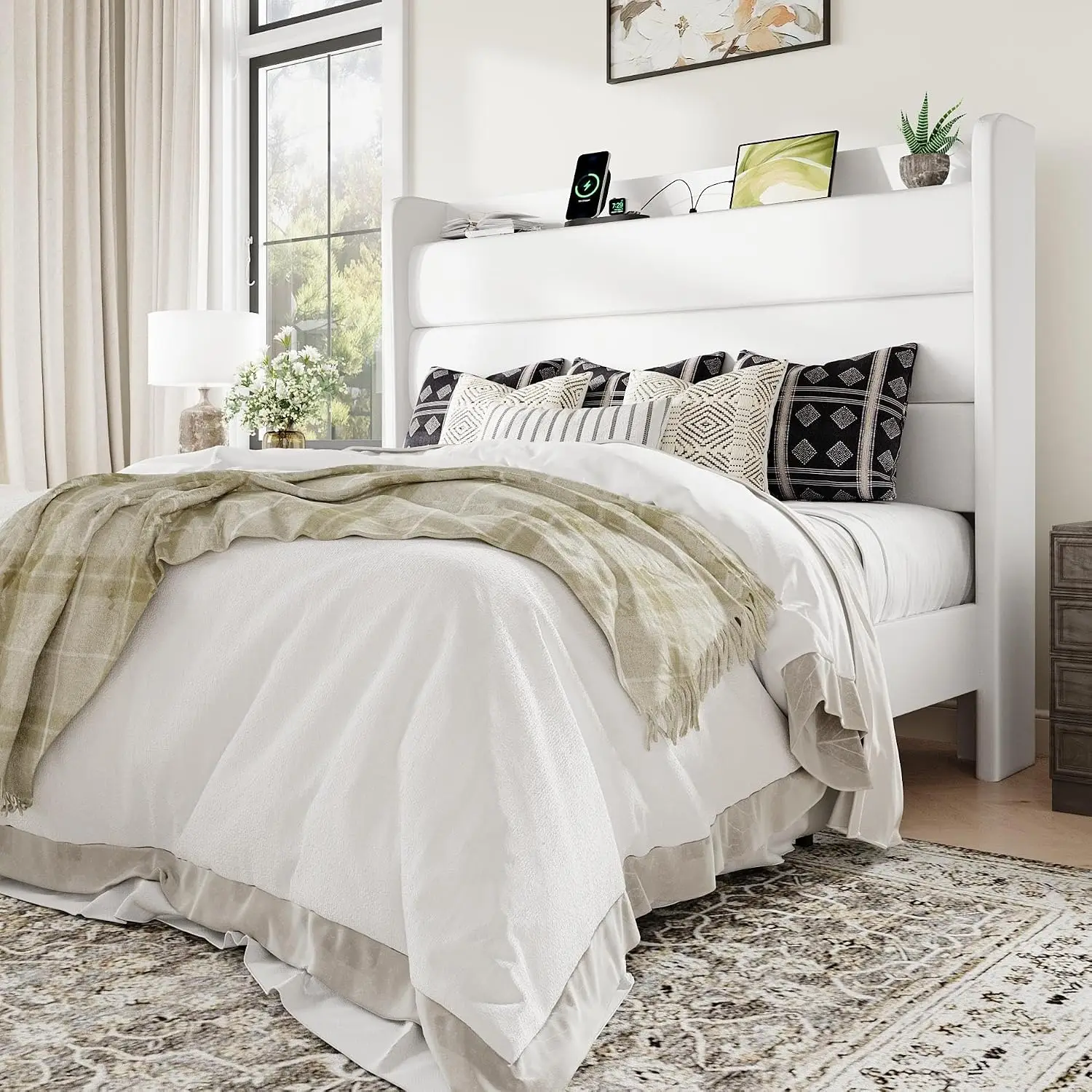Full Upholstered Bed Frame USB Charging Station Storage Headboard Wingback Velvet 800lb No Box Spring, Customized