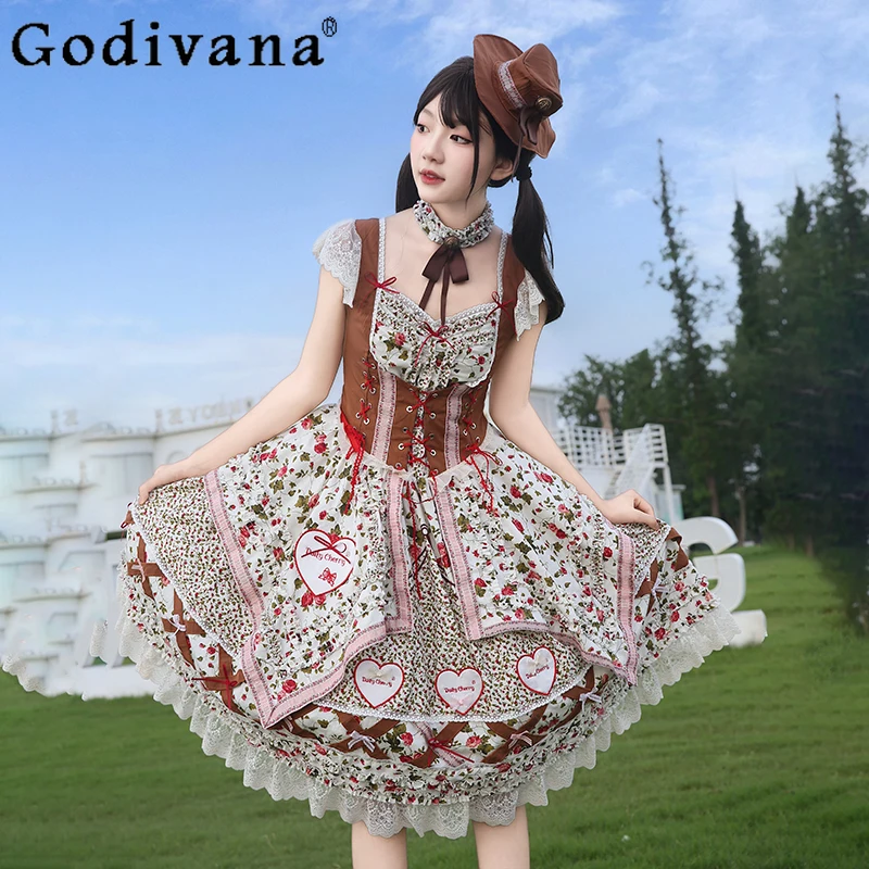 

Sweet Princess Style Elegant Vintage Dress Japanese Girl's Sweet Bow Print Flutter Sleeve Knee-Length Dress Christmas Cos Dress