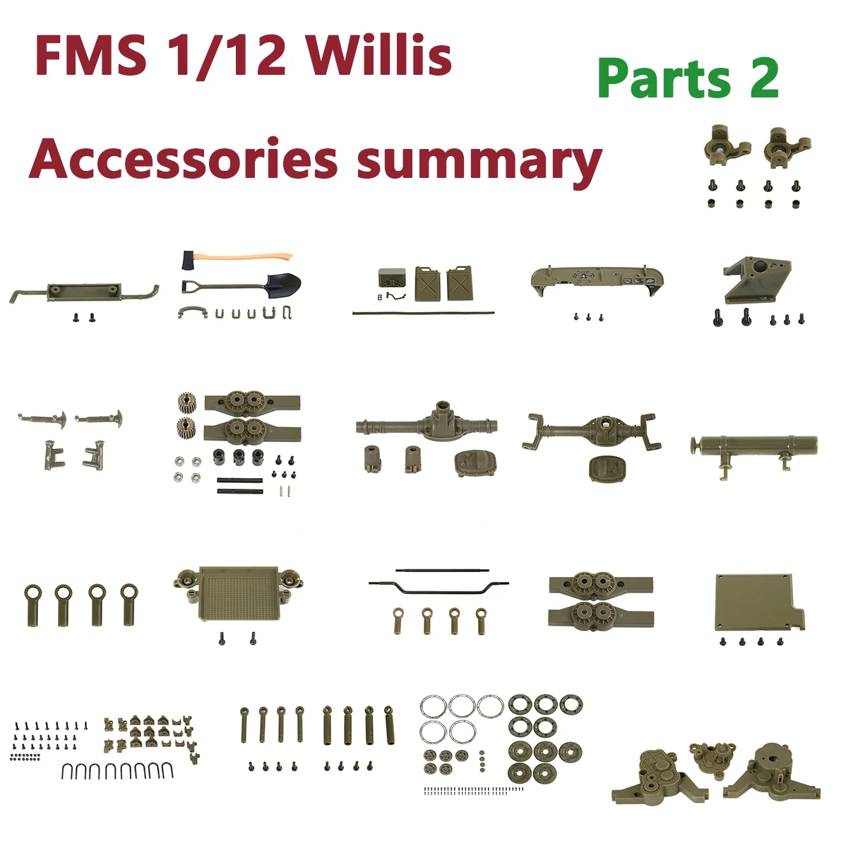 FMS 1/12 Willis RC Car Spare Axe and Shovel Oil Drum Instrument Panel Exhaust Pipe Front Cover Tank WheelSteering C Seat Parts 2