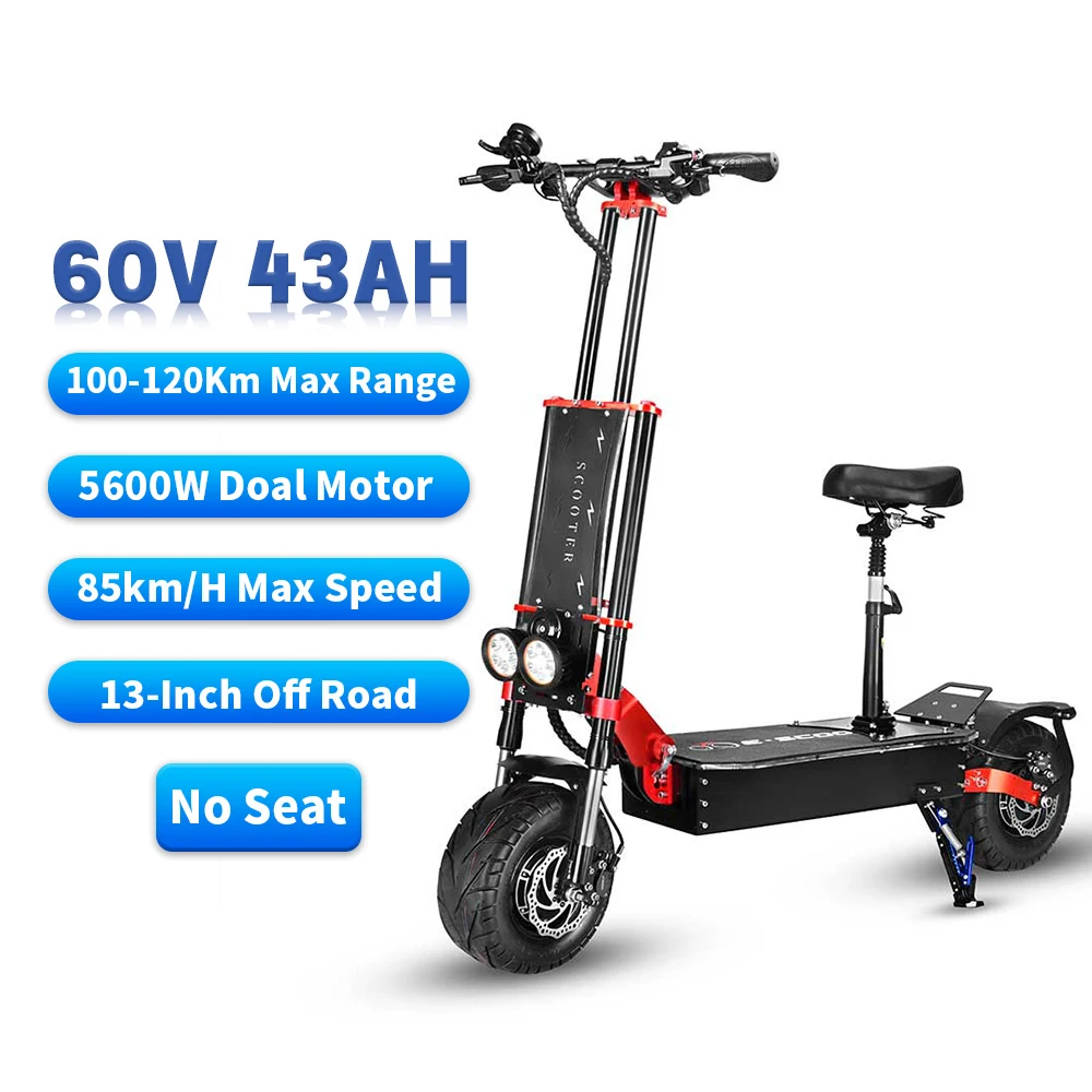 60V 5600W 43ah 13 Inch Off-road  Electric Scooter Adult with Seat 85KM/H Waterproof Foldable E Scooter Dual Motor