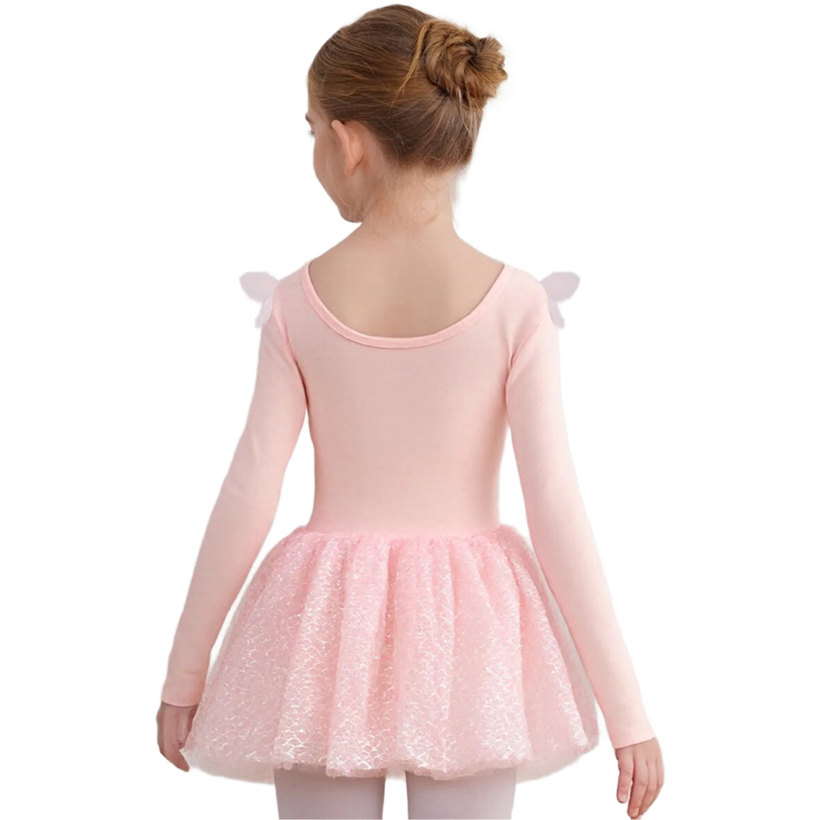 キッズガールズバレエダンス体操スケートドレス長袖光沢のあるスパンコールシアーメッシュ魚鱗チュールチュチュレオタードダンスウェア