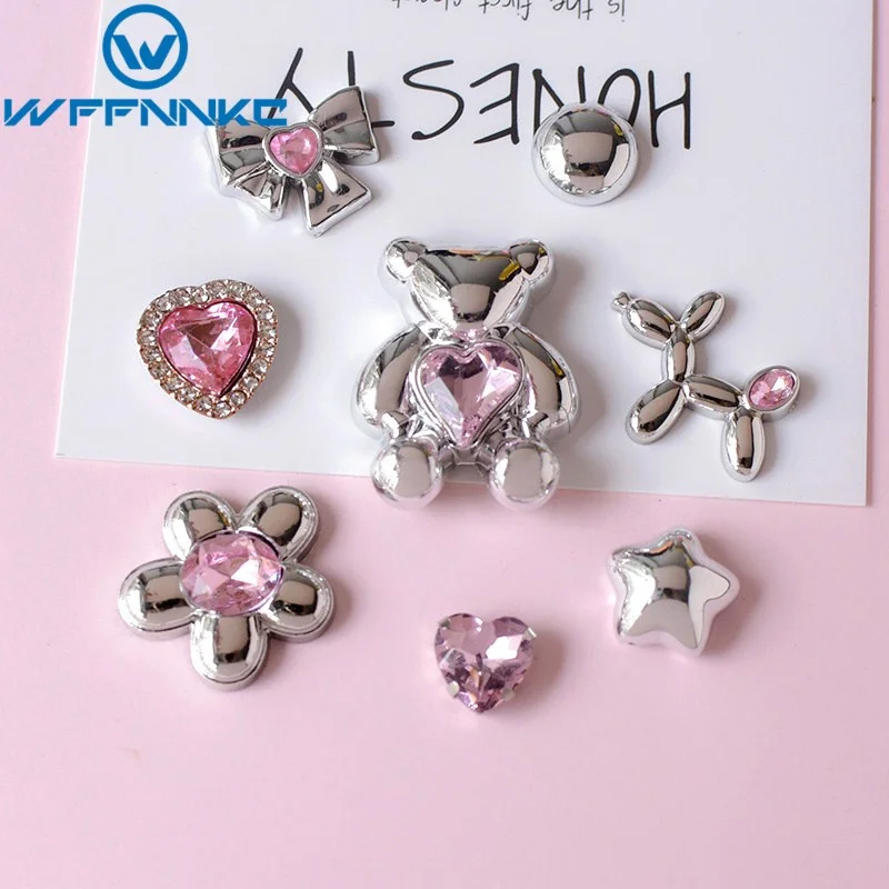 WFFNNKC 10Pcs Silver Bear Flower Star Flat Back Resin Fashion Pink Rhinestone Ornament Earrings Brooch Jewelry Crafts Decoration