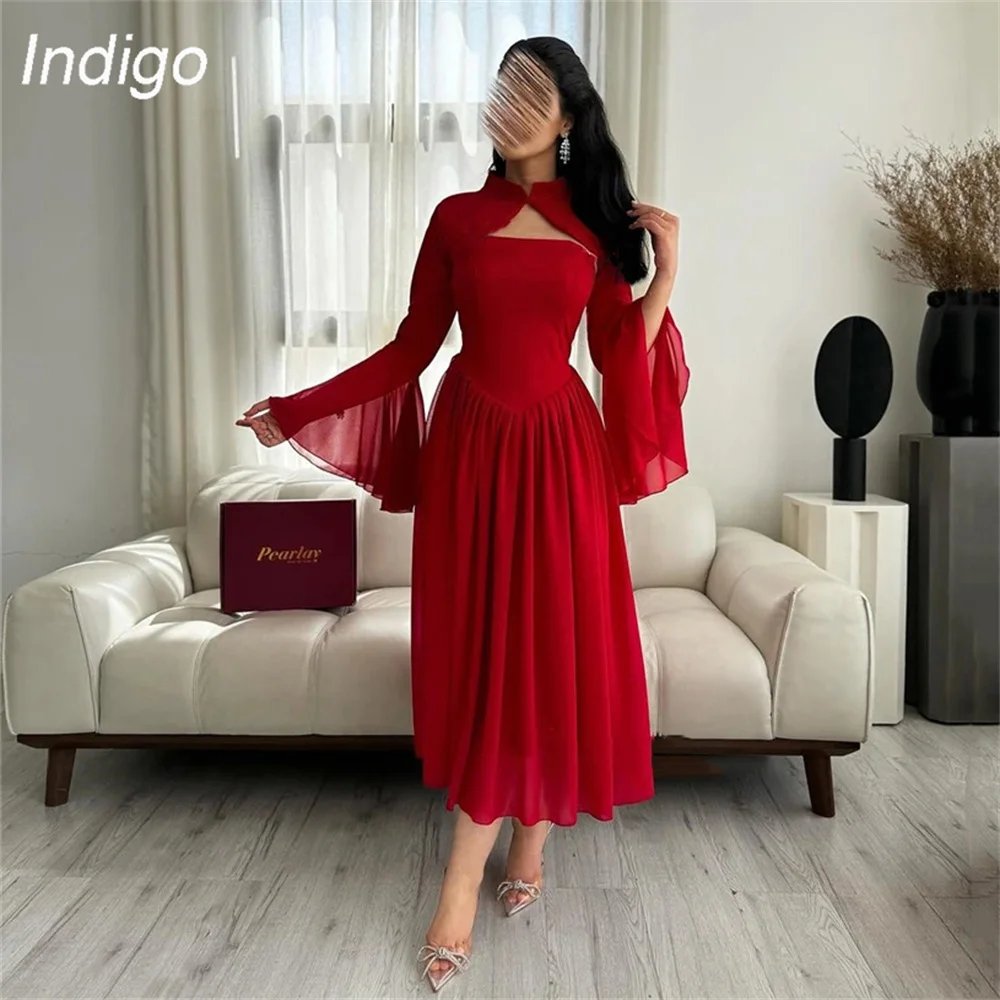 Indigo-elegante vestido de fiesta de manga larga con cuello alto para mujer, traje de noche sencillo con cordones, personalizado